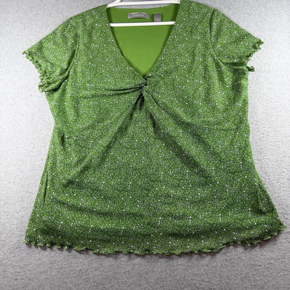 Liz Claiborne 1X Green Floral Twist Front Top V Neck Cottage Core  Fairy Core